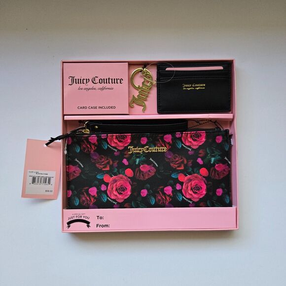 Juicy Couture Floral Gift Set 3 Pc Y2K Rose Logo Card Wallet Keychain - Picture 1 of 5